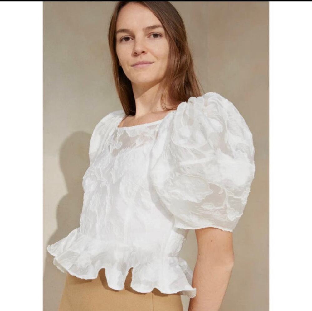 Loeffler Randall top blouse Marie peplum puff sleeve white floral romantic us 4